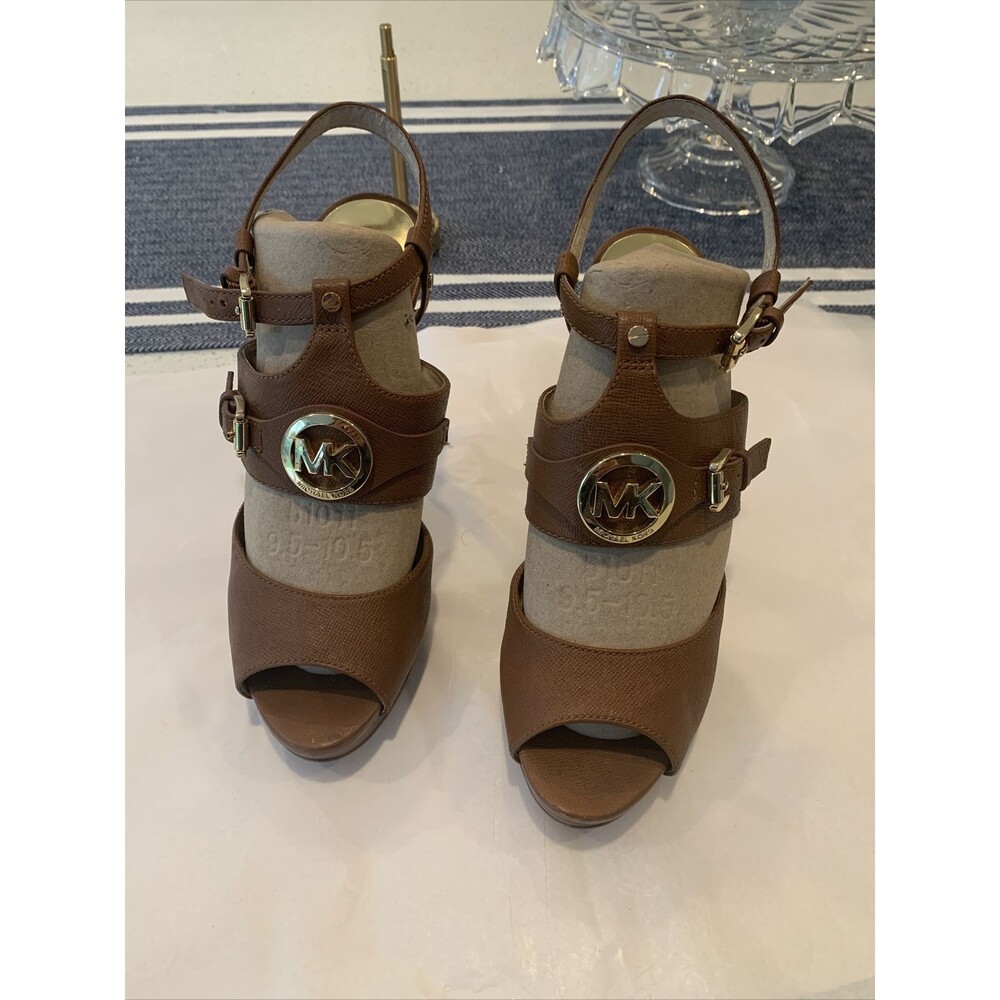 Michael Kors Nellie Platform High Heels Sandals Leather Luggage Tan Size 8.5